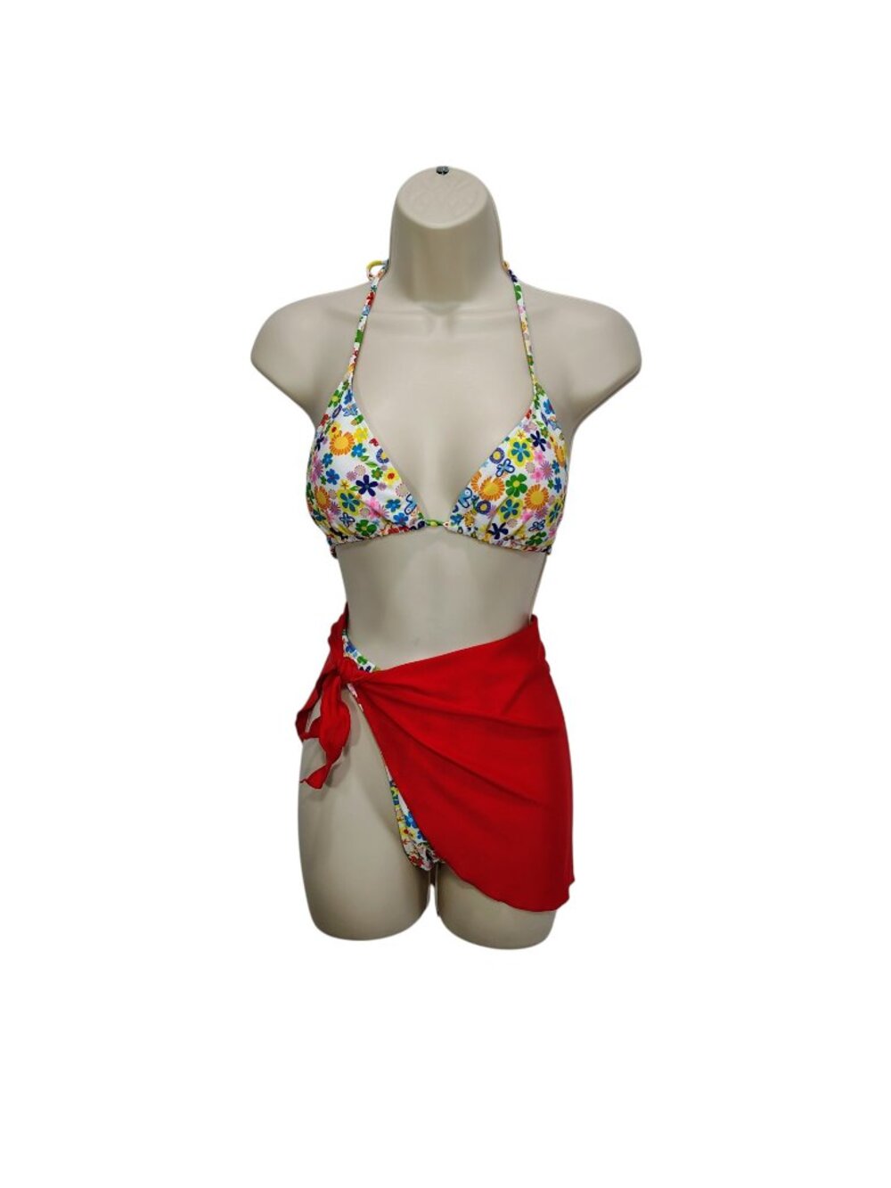 Unbranded Bikini Womens Medium White Vibrant Floral Prink Red Beach Sarong